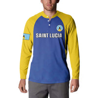 Navy and yellow long-sleeve button sport sweatshirt with Saint Lucia chest graphic