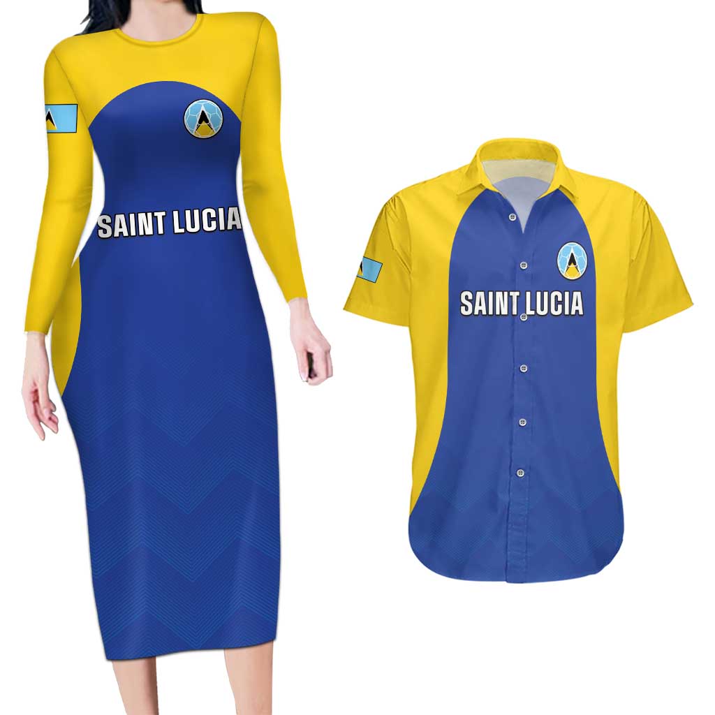 Custom Saint Lucia Football Couples Matching Long Sleeve Bodycon Dress and Hawaiian Shirt Sporty Style