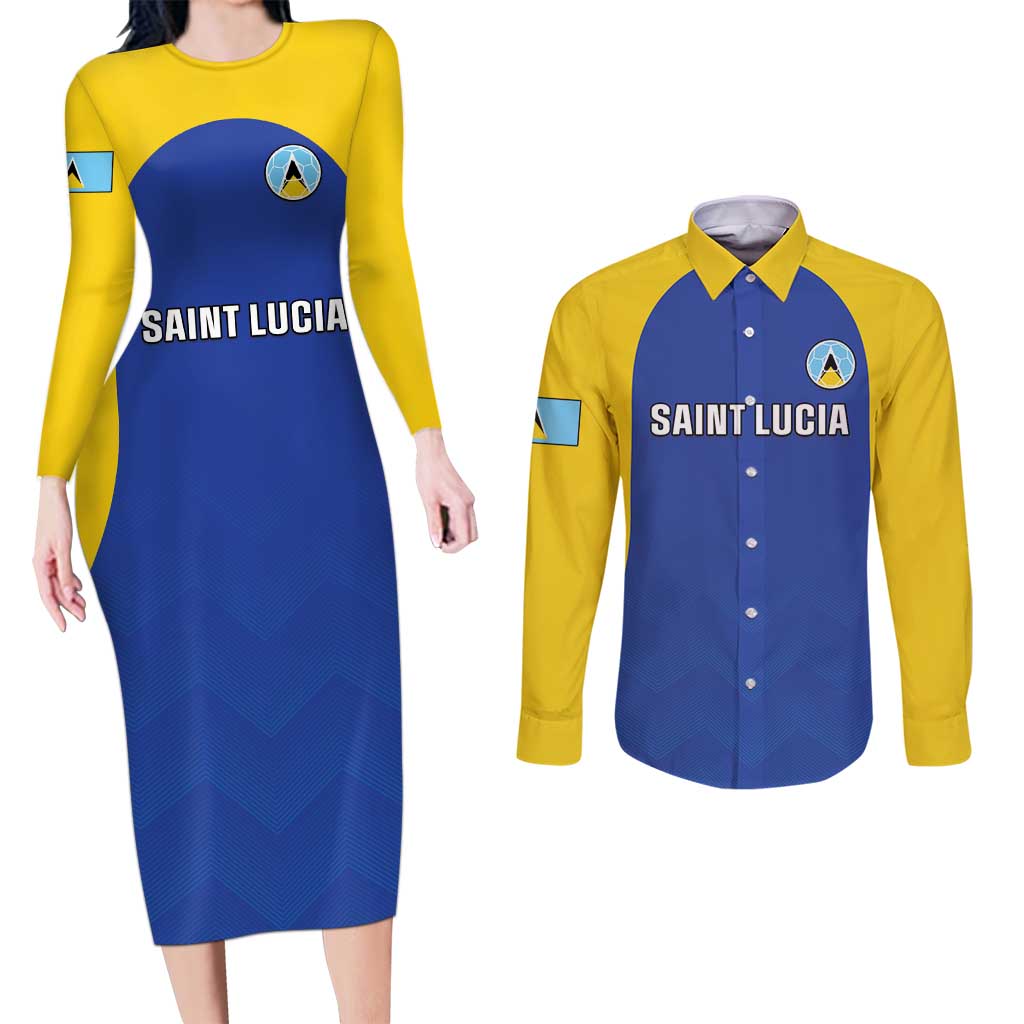 Custom Saint Lucia Football Couples Matching Long Sleeve Bodycon Dress and Long Sleeve Button Shirt Sporty Style