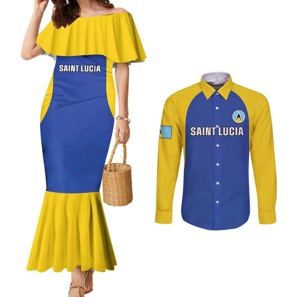 Custom Saint Lucia Football Couples Matching Mermaid Dress and Long Sleeve Button Shirt Sporty Style