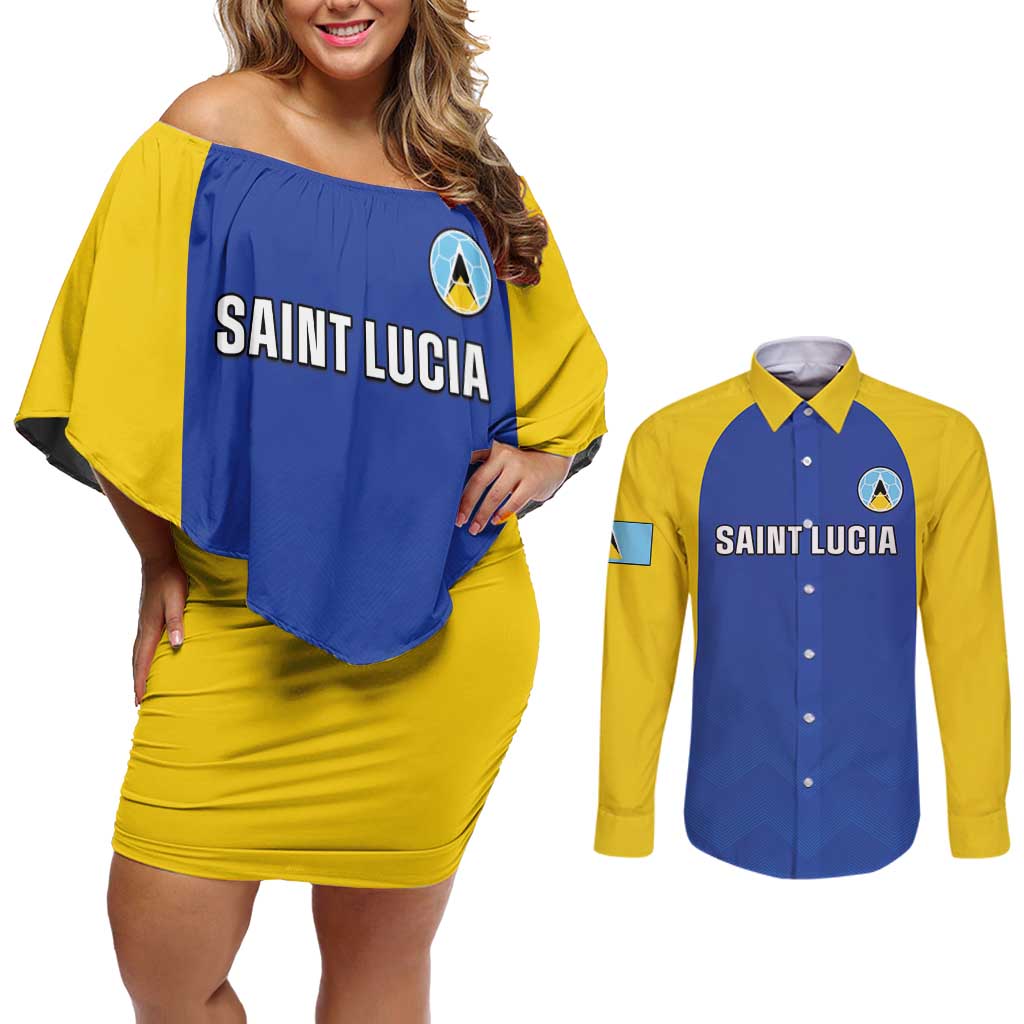 Custom Saint Lucia Football Couples Matching Off Shoulder Short Dress and Long Sleeve Button Shirt Sporty Style