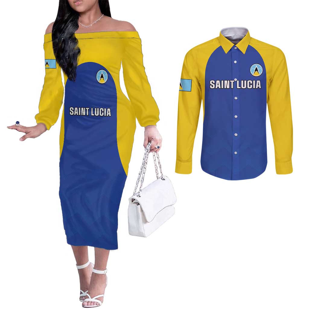 Custom Saint Lucia Football Couples Matching Off The Shoulder Long Sleeve Dress and Long Sleeve Button Shirt Sporty Style