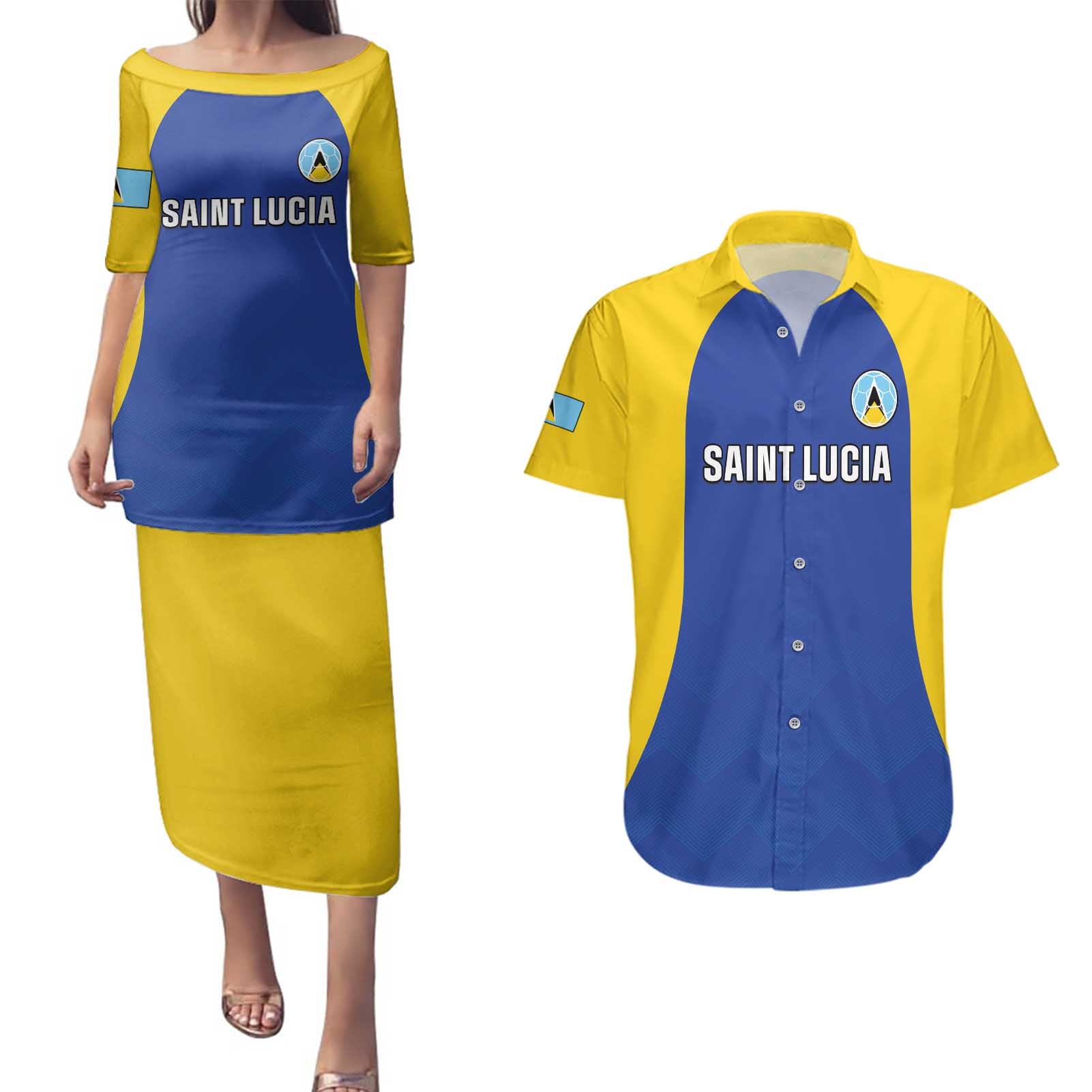 Custom Saint Lucia Football Couples Matching Puletasi and Hawaiian Shirt Sporty Style