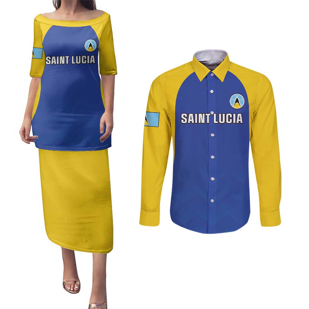 Custom Saint Lucia Football Couples Matching Puletasi and Long Sleeve Button Shirt Sporty Style