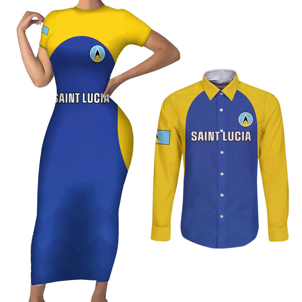 Custom Saint Lucia Football Couples Matching Short Sleeve Bodycon Dress and Long Sleeve Button Shirt Sporty Style