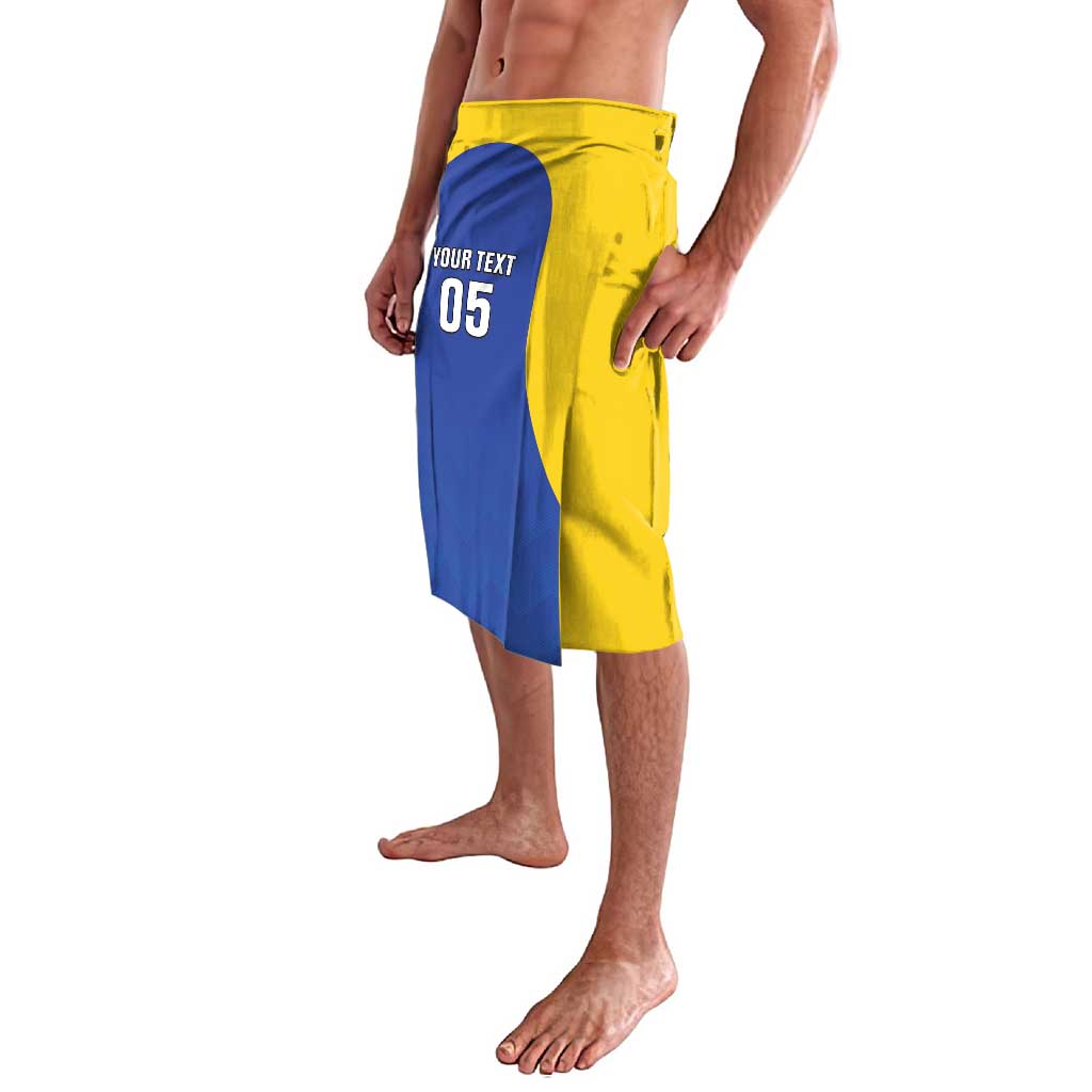 Custom football lavalava with blue side panel and "YOUR TEXT 05" print