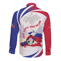 White long-sleeve button shirt with red and blue graphic print, back view