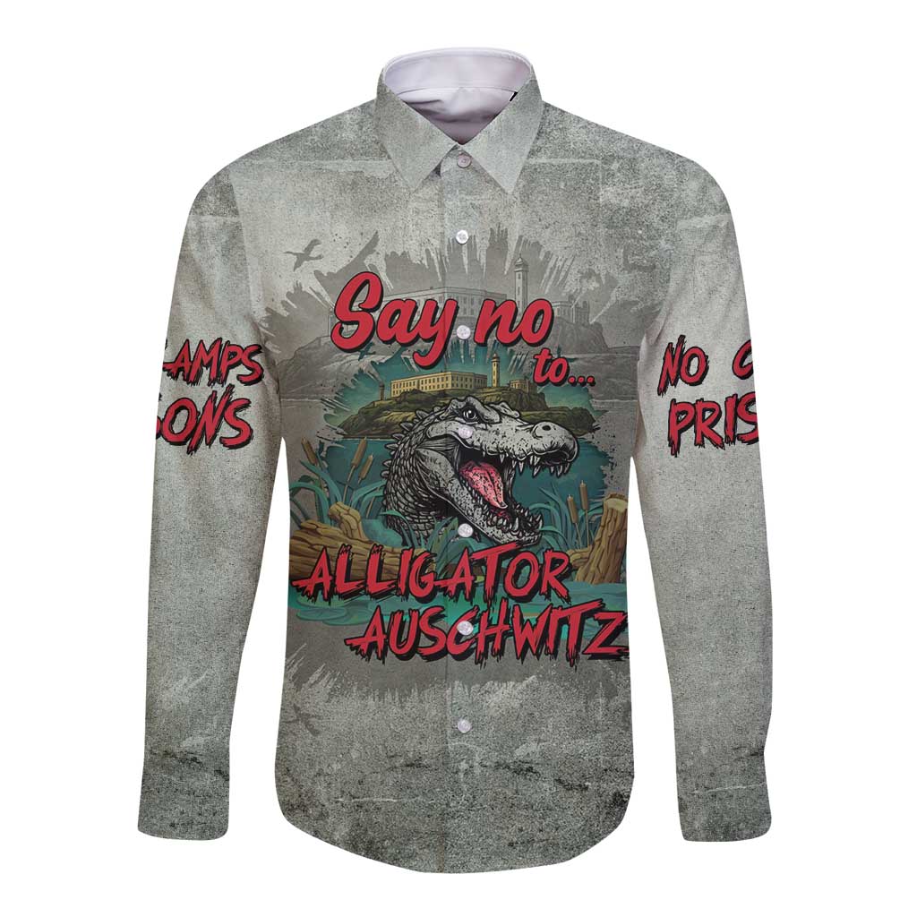 Gray long-sleeve button-up shirt with red and green alligator slogan graphic (front)