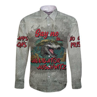Gray long-sleeve button-up shirt with red and green alligator slogan graphic (front)