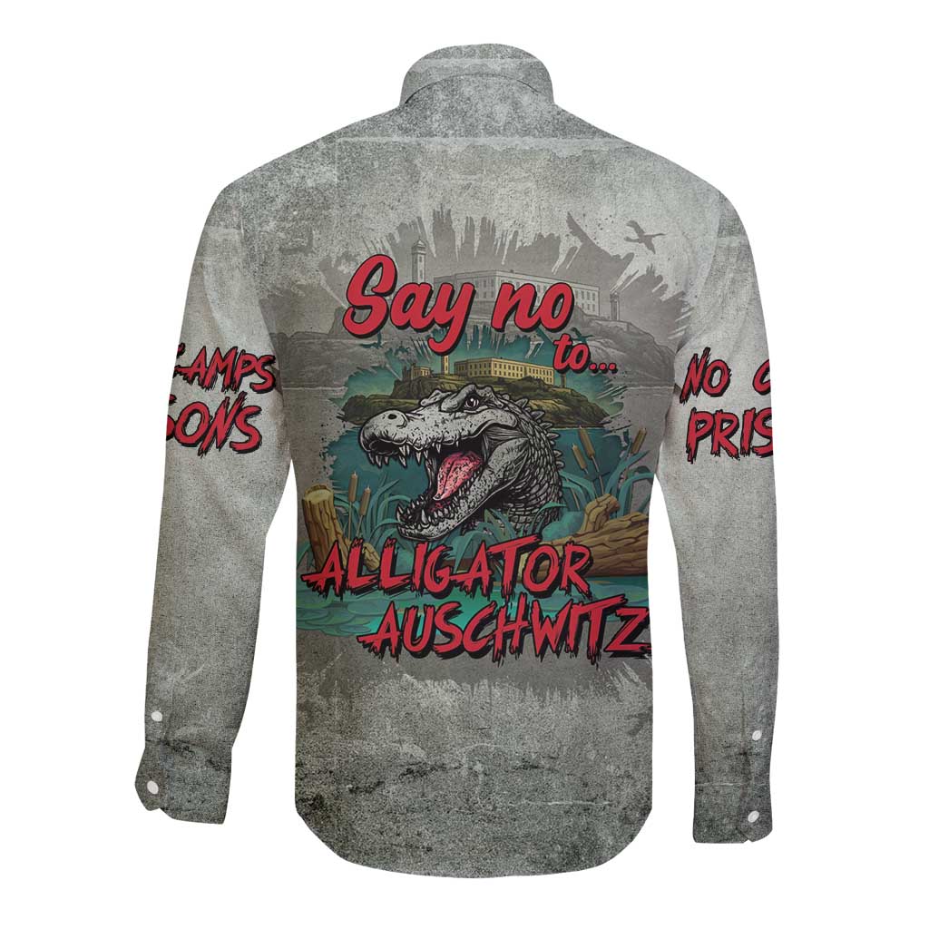 Gray long-sleeve button-up shirt with alligator slogan graphic (back)