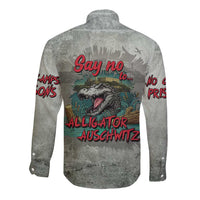 Gray long-sleeve button-up shirt with alligator slogan graphic (back)