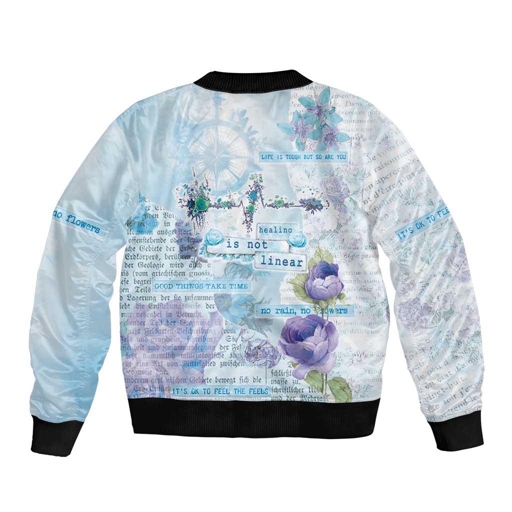 Mental Health Sleeve Zip Bomber Jacket Healing Is Not Linear - Wonder Print Shop