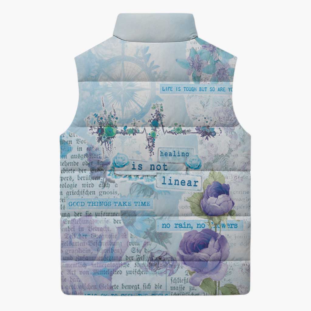 Mental Health Sleeveless Puffer Jacket Healing Is Not Linear - Wonder Print Shop