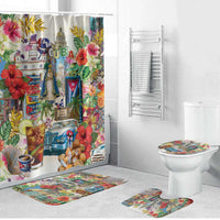 Colorful Cuba-themed bathroom set with shower curtain and matching floor mats