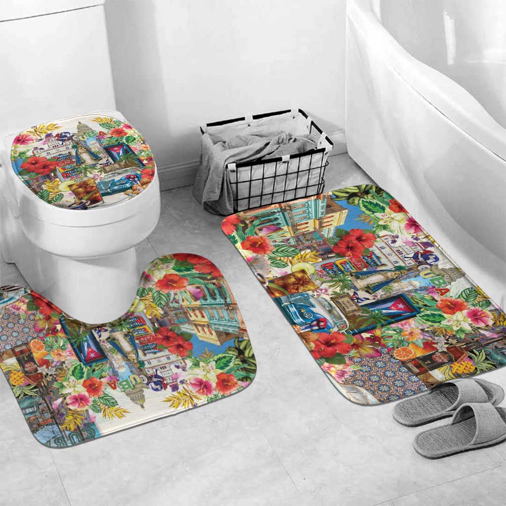 Colorful bath mat set featuring contoured toilet lid, round, and U-shaped rugs