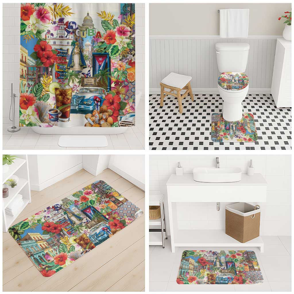 Colorful Cuba-themed shower curtain and bath mat set displayed in a bathroom