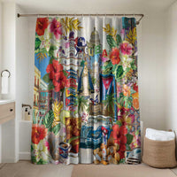Colorful Cuba-themed shower curtain with tropical floral and travel-themed design