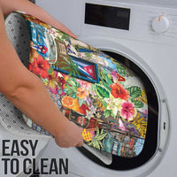 Colorful bath mat being placed into a washing machine for cleaning