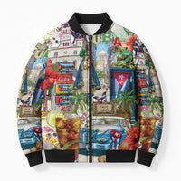 Colorful graphic bomber puffer jacket with full-zip front and black ribbed trim