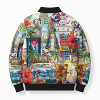 Colorful graphic bomber puffer jacket with full-zip and black ribbed hem and cuffs