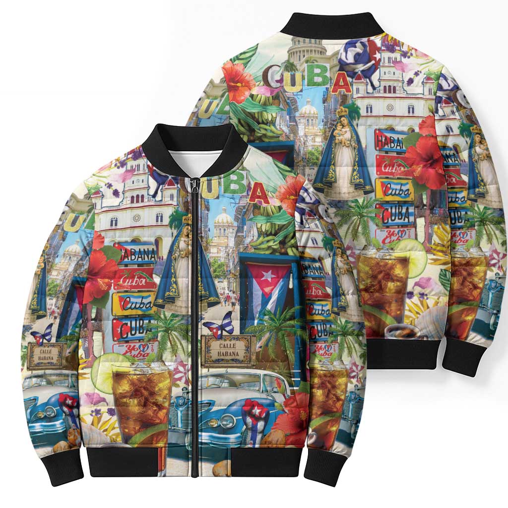 Colorful graphic bomber puffer jacket shown front and back, black ribbed cuffs