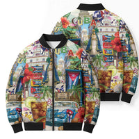 Colorful graphic bomber puffer jacket shown front and back, black ribbed cuffs