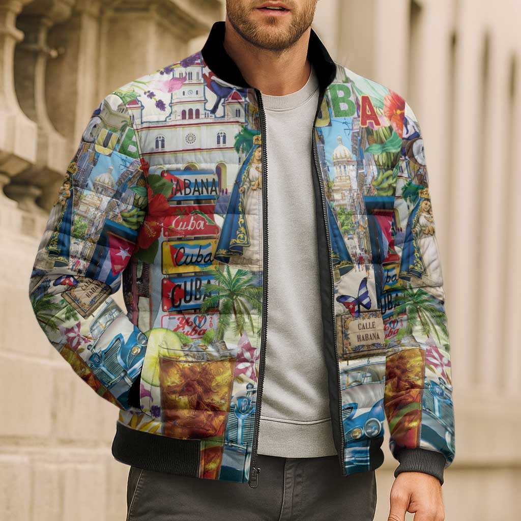 Colorful graphic bomber puffer jacket with black ribbed collar and zip front