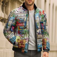 Colorful graphic bomber puffer jacket with black ribbed collar and zip front