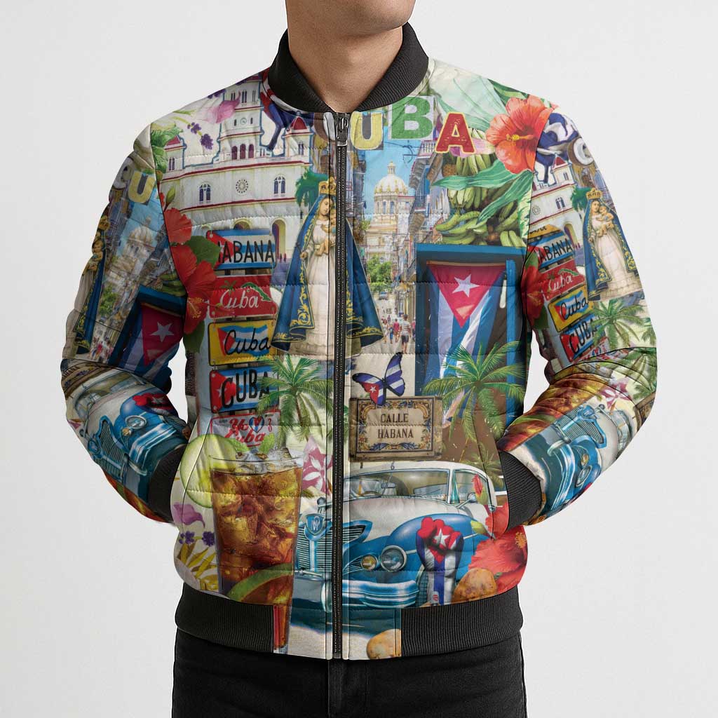 Colorful graphic bomber puffer jacket with black ribbed collar, zip front, and pockets