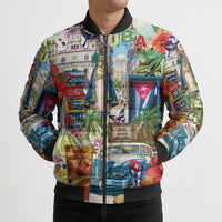 Colorful graphic bomber puffer jacket with black ribbed collar, zip front, and pockets