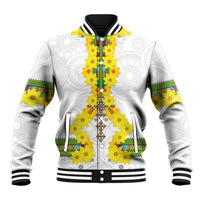 White unisex baseball jacket with yellow floral patterned front and striped ribbed collar