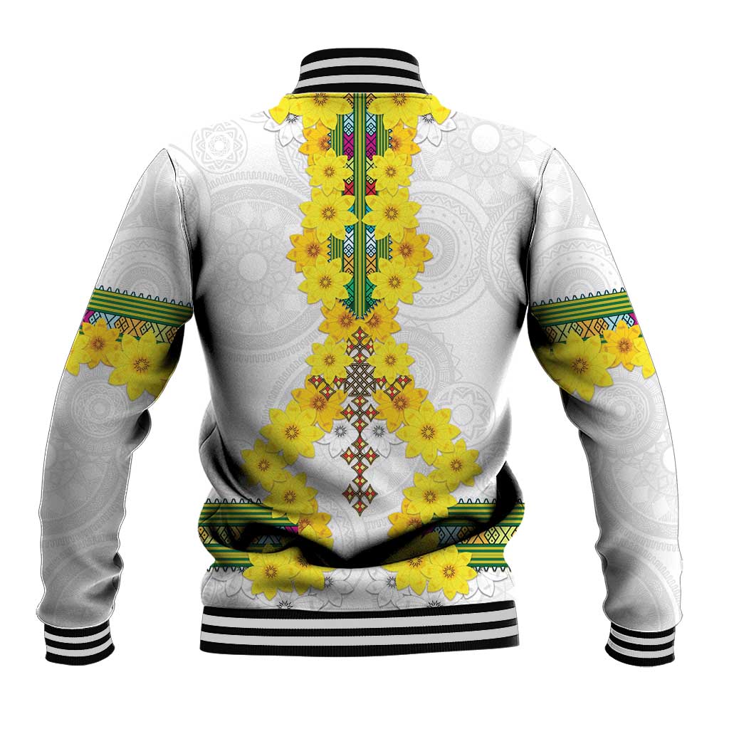 White unisex baseball jacket with yellow floral patterned back and striped ribbed hem cuffs