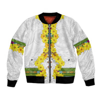 White bomber jacket with yellow floral tile trim, black ribbed cuffs, front zipper
