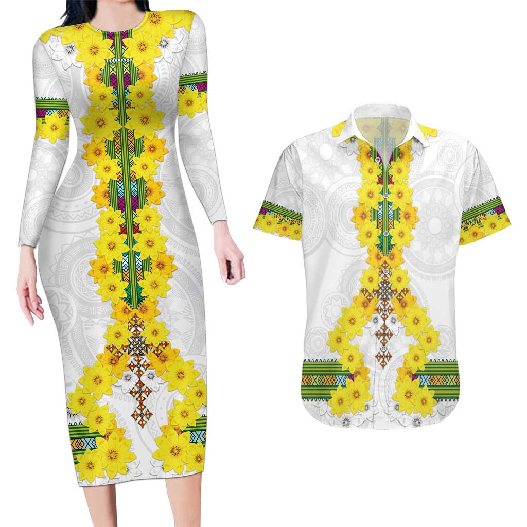 Enkutatash Ethiopia New Year Couples Matching Long Sleeve Bodycon Dress and Hawaiian Shirt Tilet Pattern With Adey Abeba Flowers LT05 - Wonder Print Shop