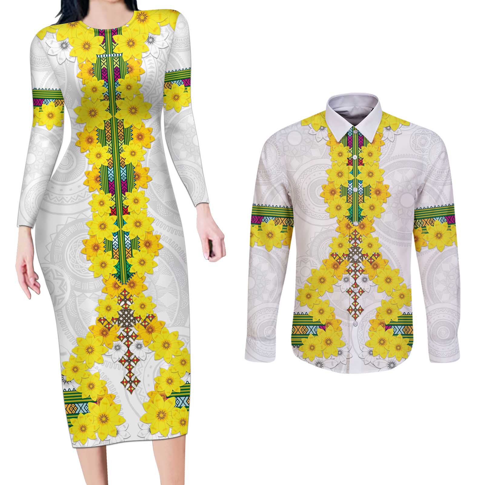 Enkutatash Ethiopia New Year Couples Matching Long Sleeve Bodycon Dress and Long Sleeve Button Shirt Tilet Pattern With Adey Abeba Flowers LT05 - Wonder Print Shop