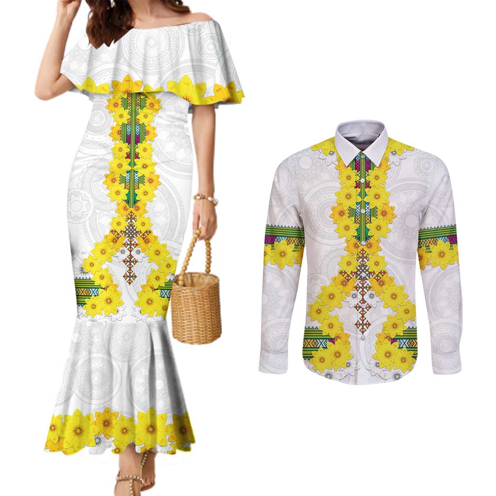 Enkutatash Ethiopia New Year Couples Matching Mermaid Dress and Long Sleeve Button Shirt Tilet Pattern With Adey Abeba Flowers