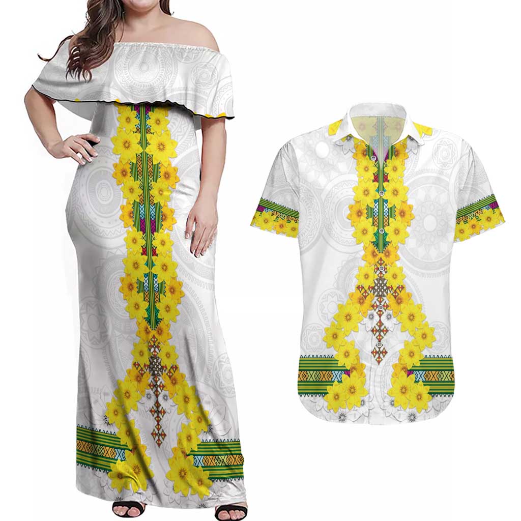 Enkutatash Ethiopia New Year Couples Matching Off Shoulder Maxi Dress and Hawaiian Shirt Tilet Pattern With Adey Abeba Flowers