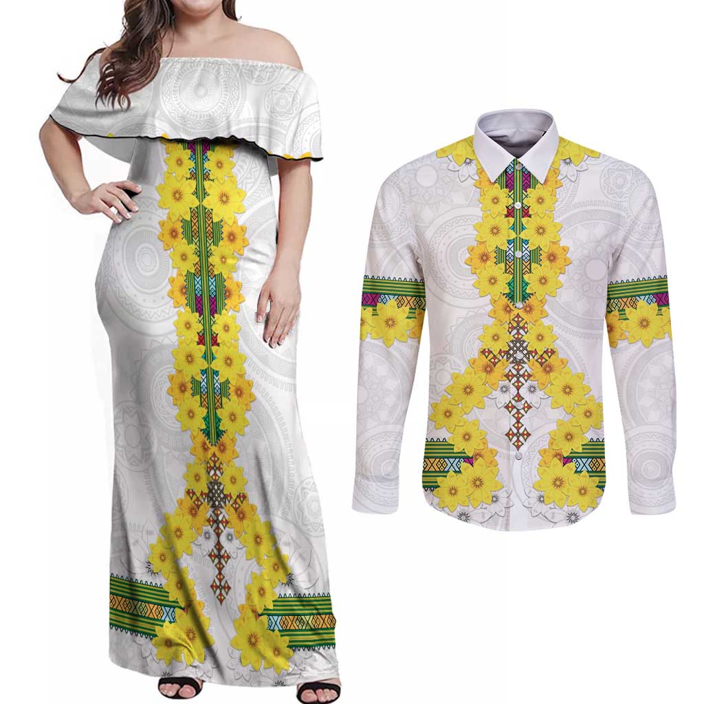 Enkutatash Ethiopia New Year Couples Matching Off Shoulder Maxi Dress and Long Sleeve Button Shirt Tilet Pattern With Adey Abeba Flowers