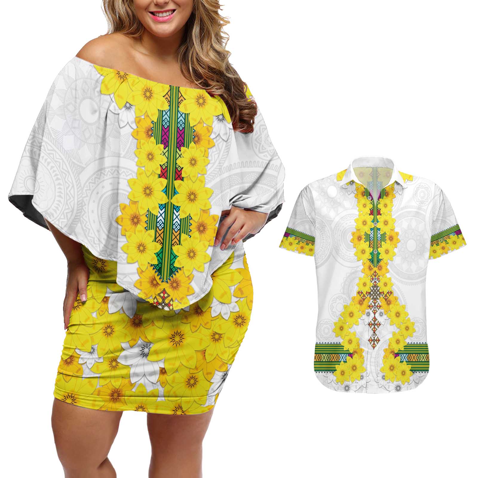 Enkutatash Ethiopia New Year Couples Matching Off Shoulder Short Dress and Hawaiian Shirt Tilet Pattern With Adey Abeba Flowers