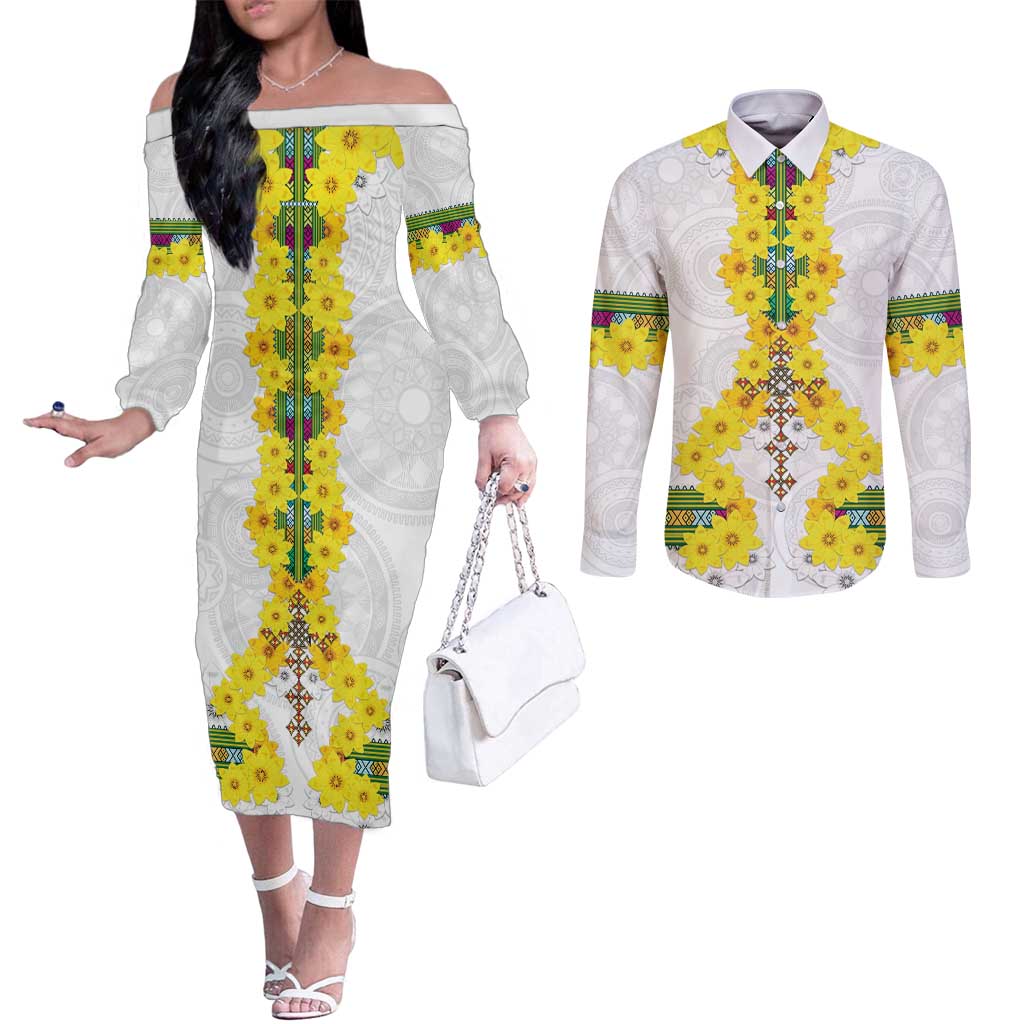 Enkutatash Ethiopia New Year Couples Matching Off The Shoulder Long Sleeve Dress and Long Sleeve Button Shirt Tilet Pattern With Adey Abeba Flowers