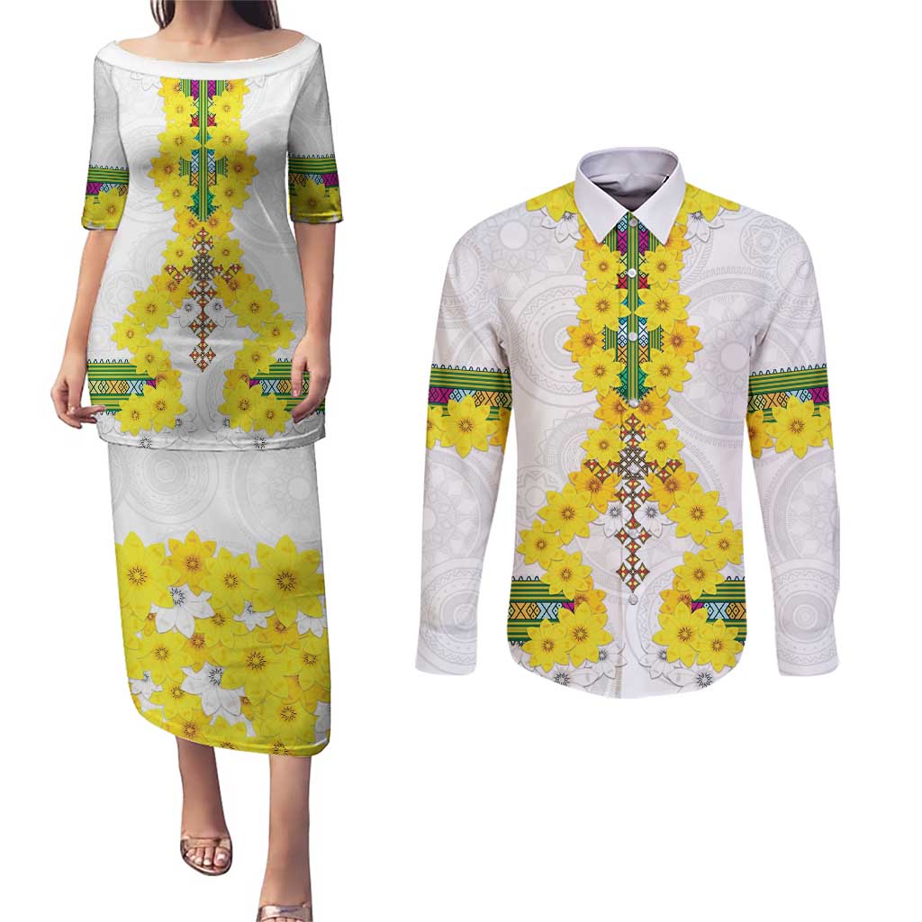 Enkutatash Ethiopia New Year Couples Matching Puletasi and Long Sleeve Button Shirt Tilet Pattern With Adey Abeba Flowers LT05 - Wonder Print Shop