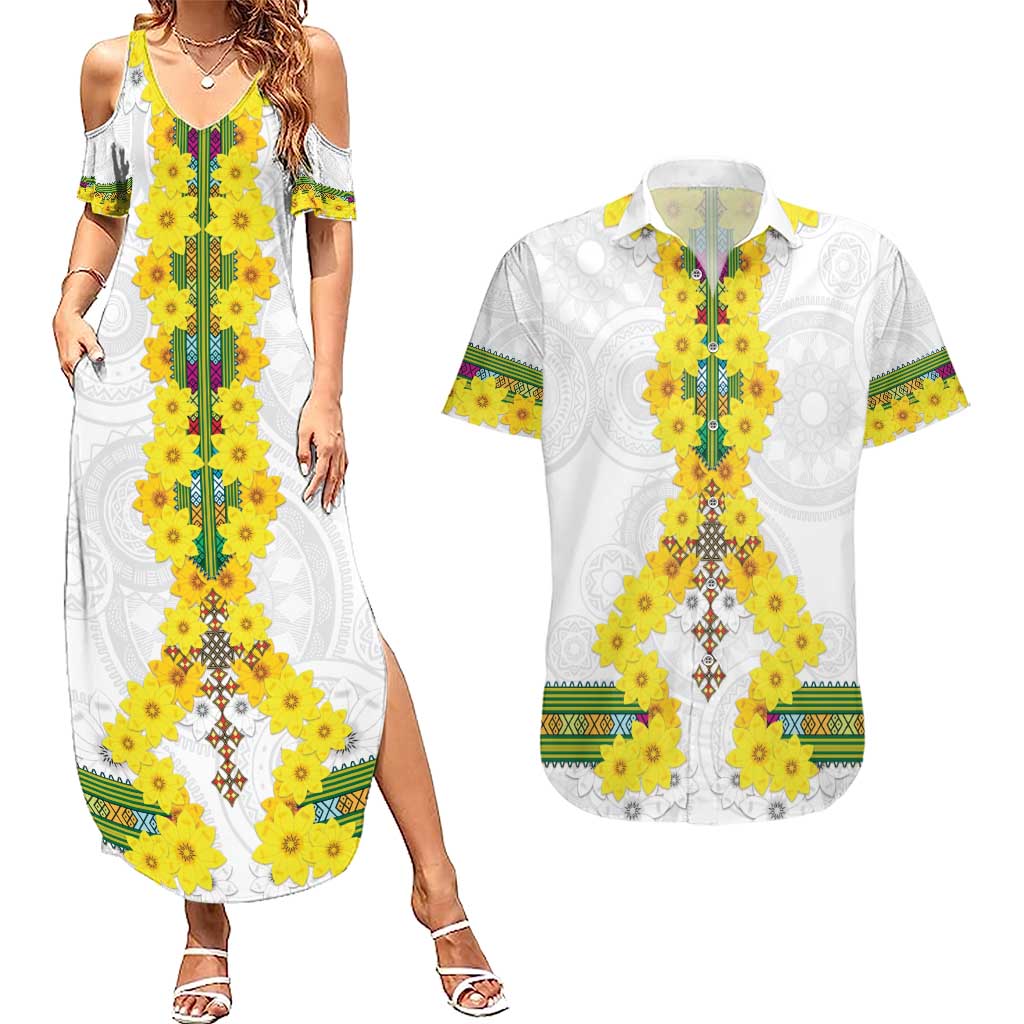 Enkutatash Ethiopia New Year Couples Matching Summer Maxi Dress and Hawaiian Shirt Tilet Pattern With Adey Abeba Flowers LT05 - Wonder Print Shop