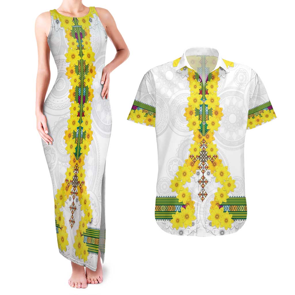 Enkutatash Ethiopia New Year Couples Matching Tank Maxi Dress and Hawaiian Shirt Tilet Pattern With Adey Abeba Flowers LT05 - Wonder Print Shop