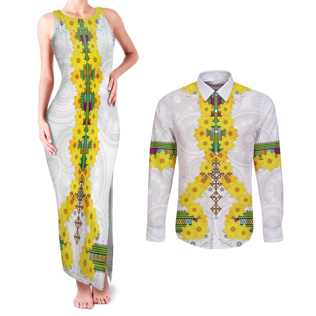 Enkutatash Ethiopia New Year Couples Matching Tank Maxi Dress and Long Sleeve Button Shirt Tilet Pattern With Adey Abeba Flowers LT05 - Wonder Print Shop