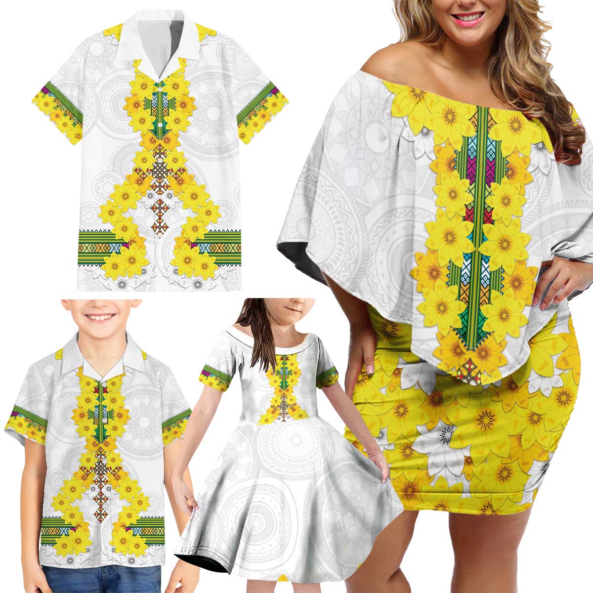 Enkutatash Ethiopia New Year Family Matching Off Shoulder Short Dress and Hawaiian Shirt Tilet Pattern With Adey Abeba Flowers