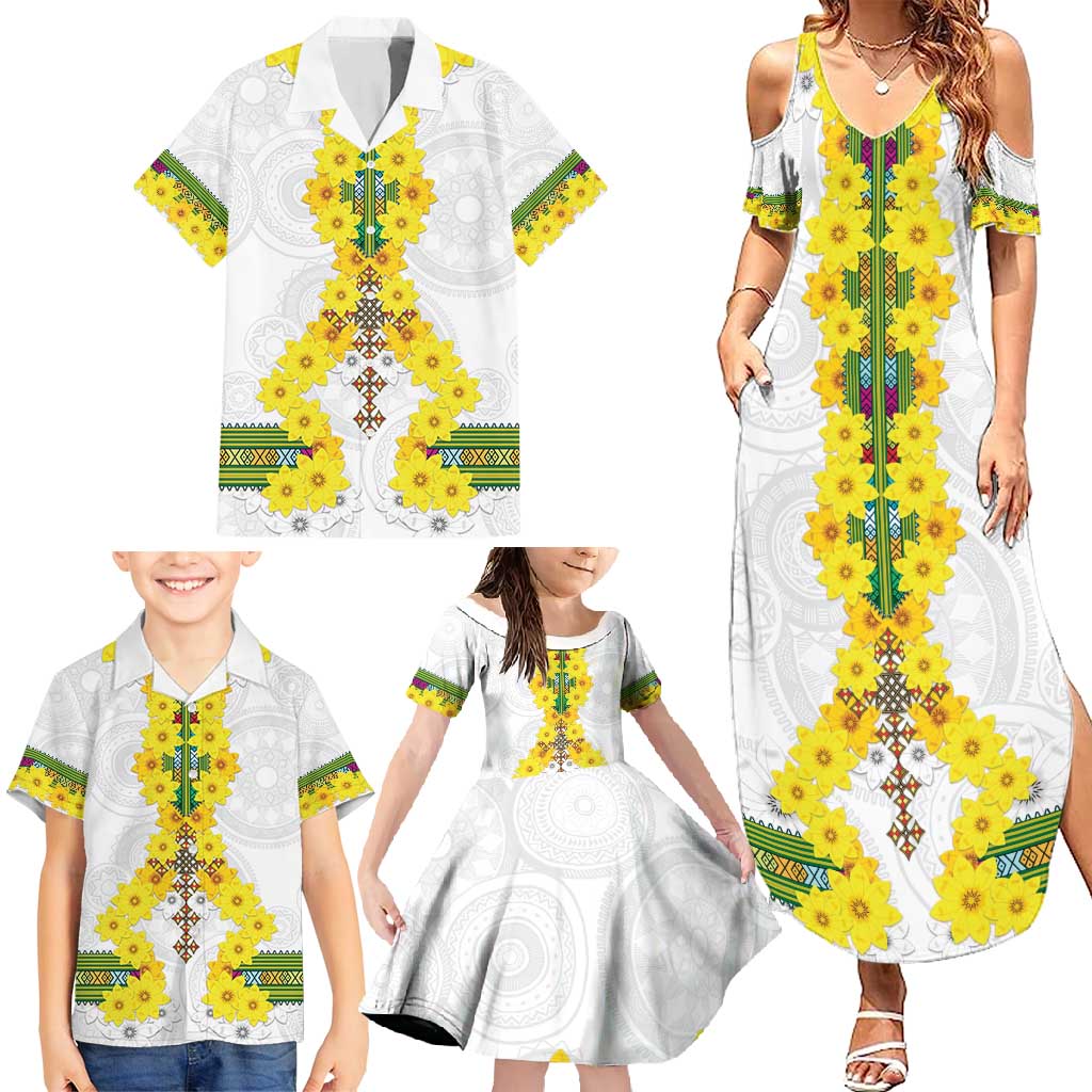 Enkutatash Ethiopia New Year Family Matching Summer Maxi Dress and Hawaiian Shirt Tilet Pattern With Adey Abeba Flowers