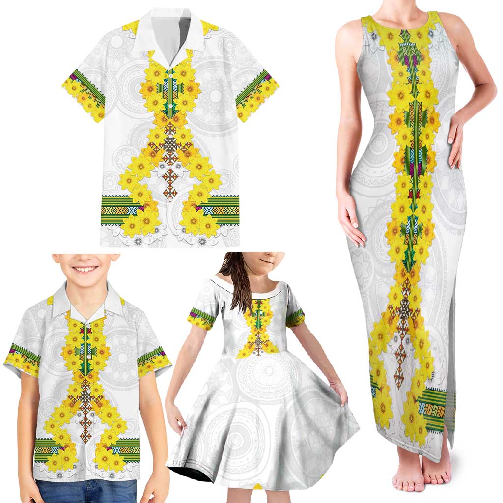 Enkutatash Ethiopia New Year Family Matching Tank Maxi Dress and Hawaiian Shirt Tilet Pattern With Adey Abeba Flowers