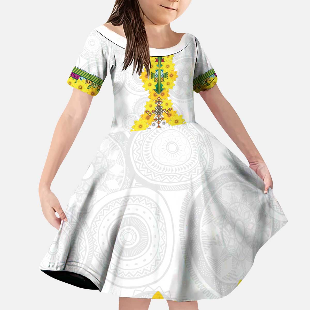 Enkutatash Ethiopia New Year Kid Short Sleeve Dress Tilet Pattern With Adey Abeba Flowers