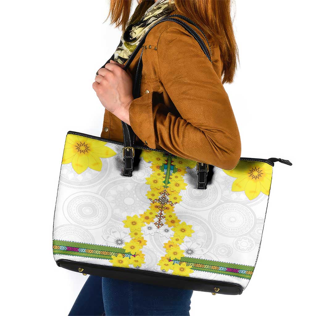 Enkutatash Ethiopia New Year Leather Tote Bag Tilet Pattern With Adey Abeba Flowers