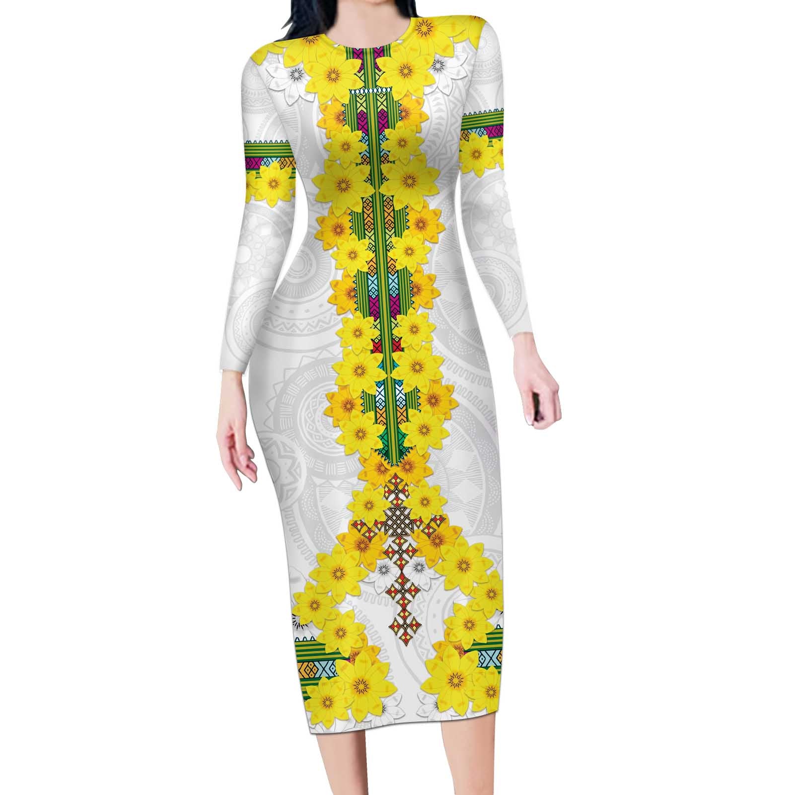 Enkutatash Ethiopia New Year Long Sleeve Bodycon Dress Tilet Pattern With Adey Abeba Flowers LT05 - Wonder Print Shop